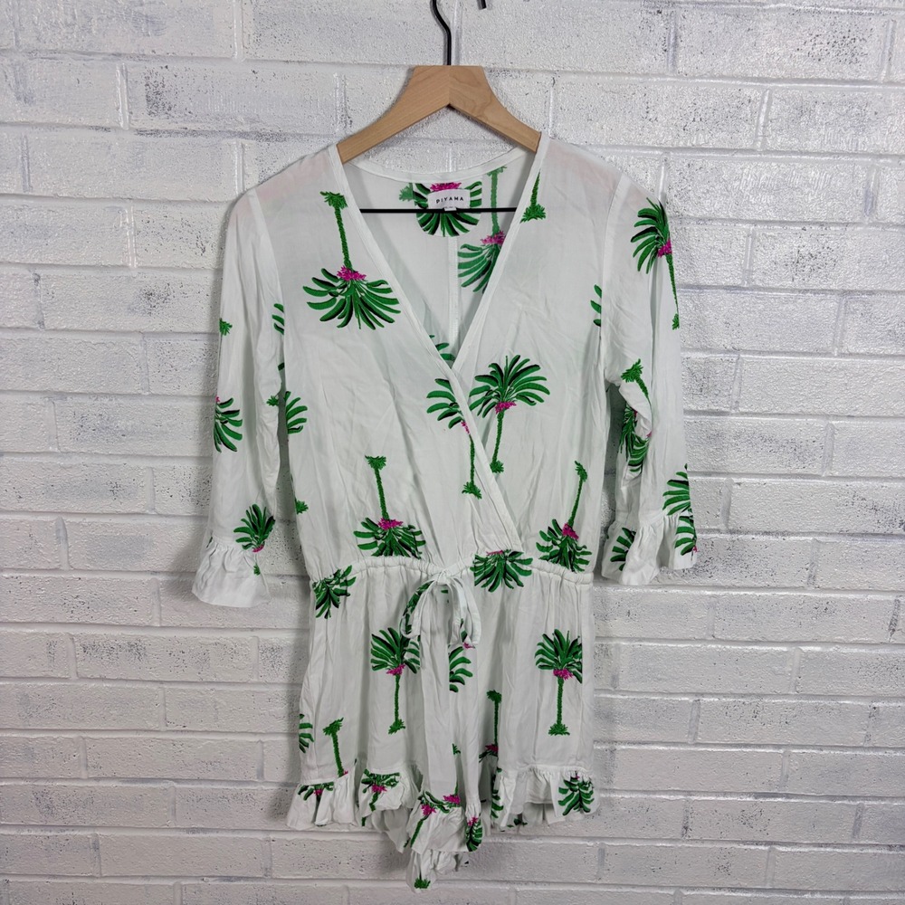 PIYAMA Harper Palm Springs Romper Womens XS White Tropical Palm Ruffle Resort